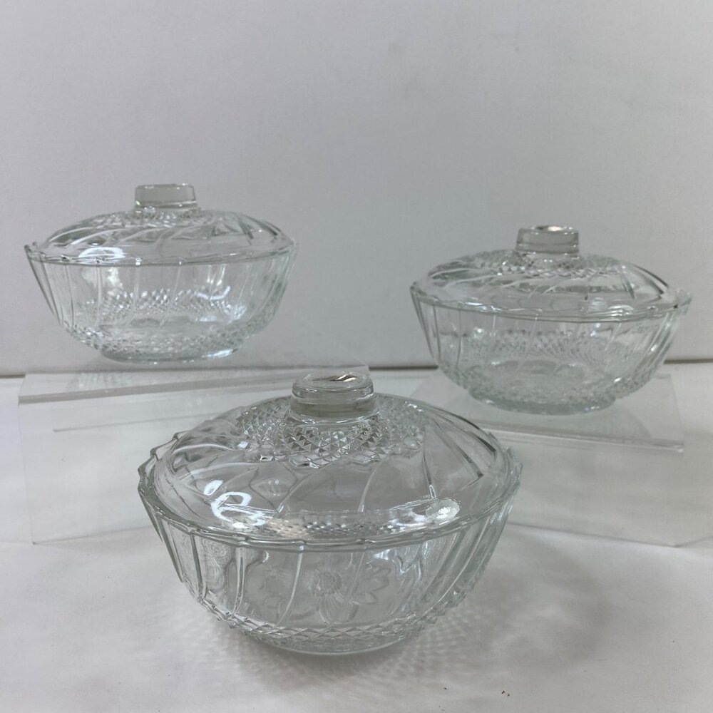 3 Crystal Glass Lidded Bowls Candy Dishes Textured Etched Swirl Design Vintage